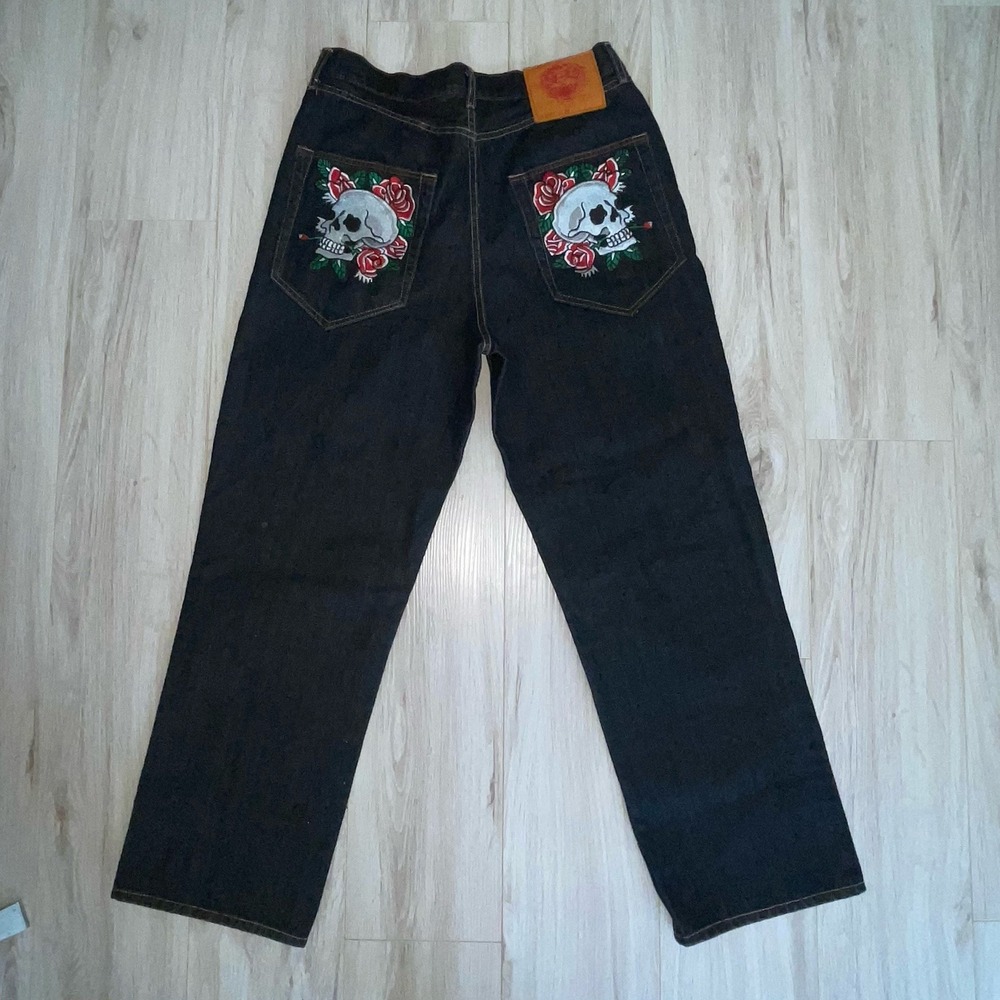 Vintage Ed Hardy Raw Panther Jeans Skull Embroidered 2007 Y2K Streetwear 36 X 32